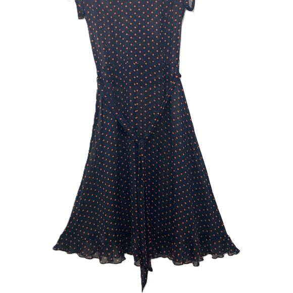 MSK Dress Size 4 Polka Dot Navy Pink Faux Wrap Ruffle Midi Short Sleeve - Picture 10 of 16